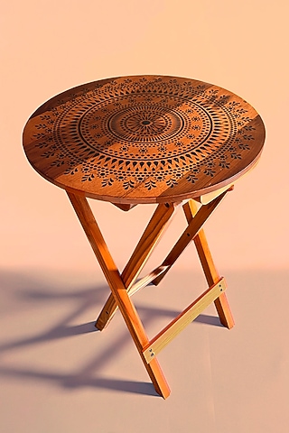 Brown Teak Wood Mandala Printed Folding Table by BambaiSe