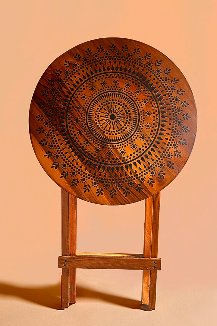 Brown Teak Wood Mandala Printed Folding Table by BambaiSe at Pernia's Pop Up Shop