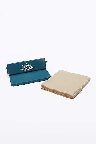 Blue Wooden Mandala Square Tissue Tray by BambaiSe