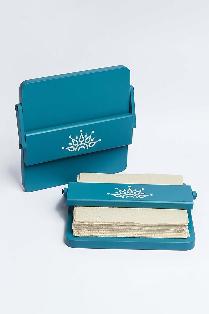 Blue Wooden Mandala Square Tissue Tray by BambaiSe at Pernia's Pop Up Shop