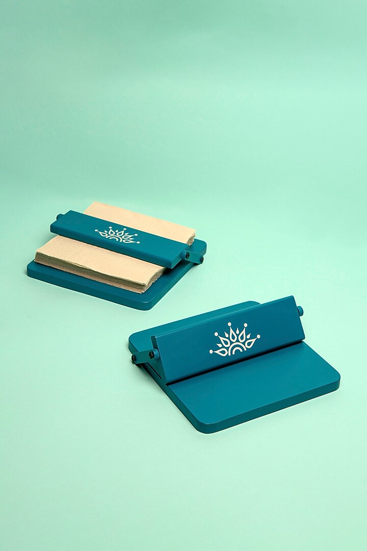 Blue Wooden Mandala Square Tissue Tray by BambaiSe at Pernia's Pop Up Shop