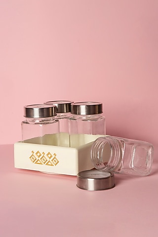 Off-White Wooden Revolving Jar Tray by BambaiSe