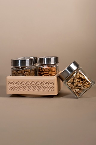 Vanilla Beige Wooden Revolving Jar Tray by BambaiSe