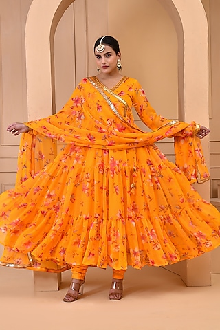 Yellow Chiffon Floral Printed & Gota Lace Work Layered Anarkali Set by Bannhi by Priyanka Rathore