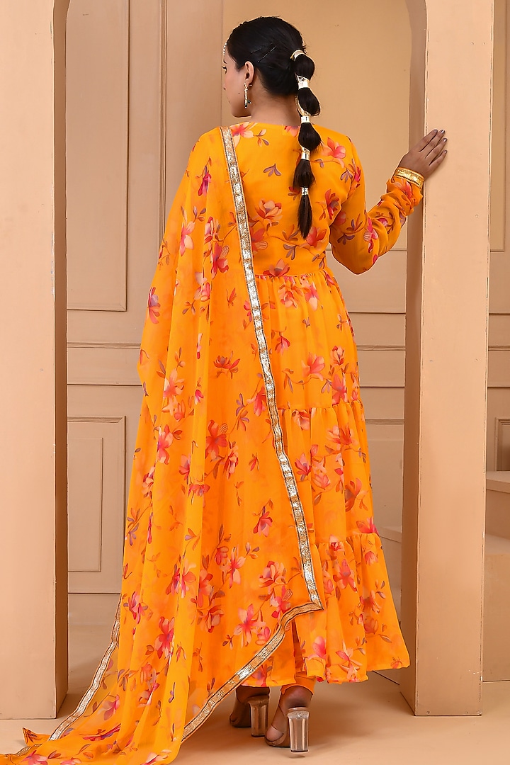 Yellow Chiffon Floral Printed & Gota Lace Work Layered Party Wear Anarkali Set by Bannhi by Priyanka Rathore at Pernia's Pop Up Shop