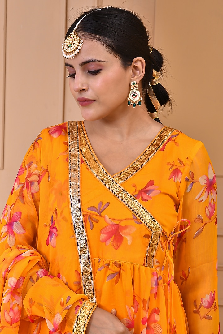 Yellow Chiffon Floral Printed & Gota Lace Work Layered Party Wear Anarkali Set by Bannhi by Priyanka Rathore at Pernia's Pop Up Shop