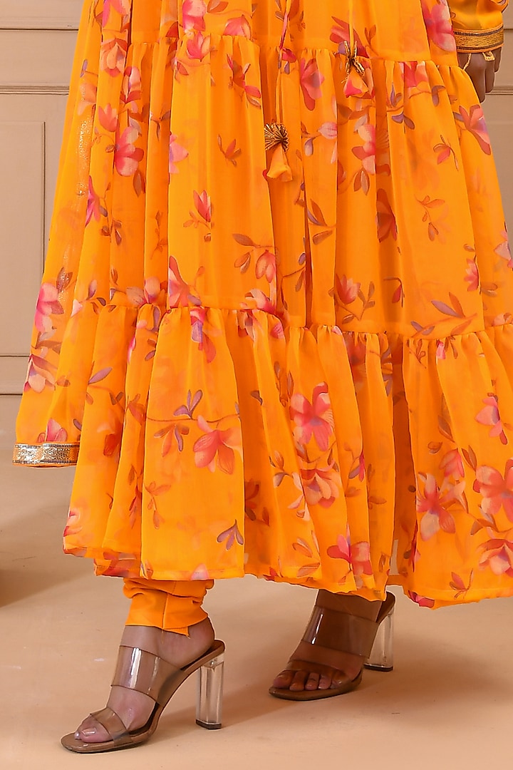 Yellow Chiffon Floral Printed & Gota Lace Work Layered Party Wear Anarkali Set by Bannhi by Priyanka Rathore at Pernia's Pop Up Shop