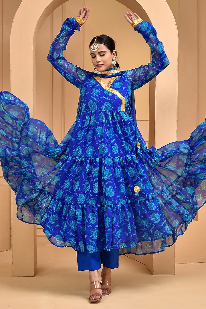 Blue Chiffon Floral Printed & Gota Lace Work Layered Anarkali Set by Bannhi at Pernia's Pop Up Shop