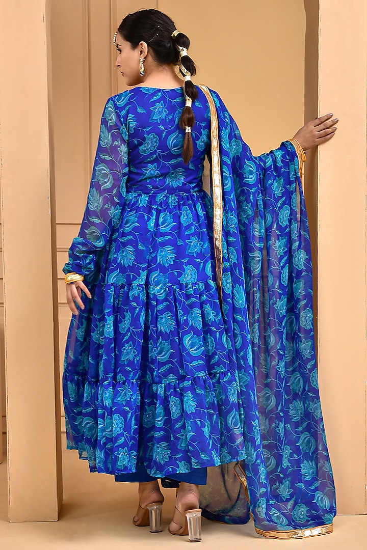 Blue Chiffon Floral Printed & Gota Lace Work Layered Party Wear Anarkali Set by Bannhi by Priyanka Rathore at Pernia's Pop Up Shop
