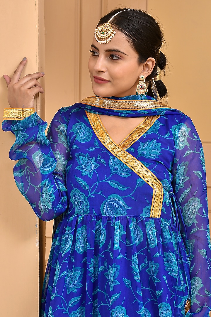 Blue Chiffon Floral Printed & Gota Lace Work Layered Party Wear Anarkali Set by Bannhi by Priyanka Rathore at Pernia's Pop Up Shop