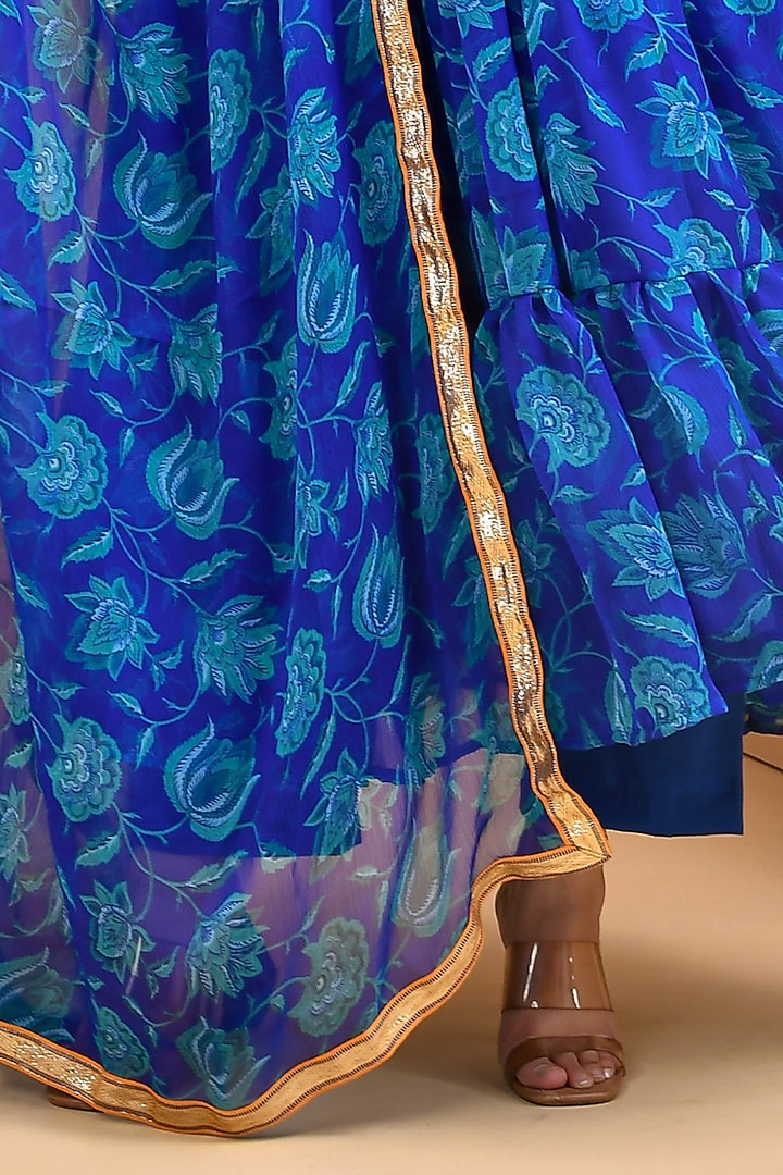 Blue Chiffon Floral Printed & Gota Lace Work Layered Party Wear Anarkali Set by Bannhi by Priyanka Rathore at Pernia's Pop Up Shop