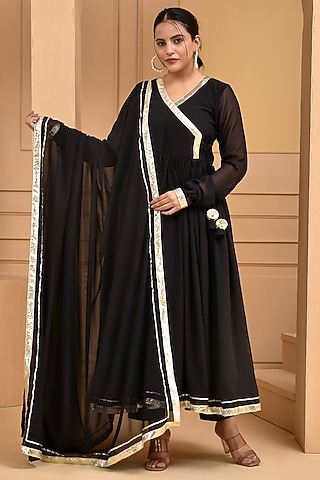 Black Georgette Gota Lace Work Anarkali Set by Bannhi by Priyanka Rathore