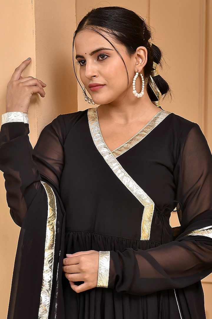 Black Georgette Gota Lace Work Party Wear Anarkali Set by Bannhi by Priyanka Rathore at Pernia's Pop Up Shop