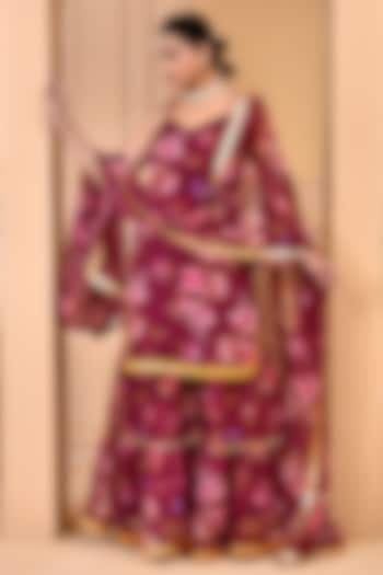 Mauve Chiffon Floral Printed Layered Sharara Set by Bannhi at Pernia's Pop Up Shop