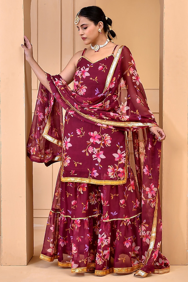 Mauve Chiffon Floral Printed Layered Sharara Set by Bannhi at Pernia's Pop Up Shop