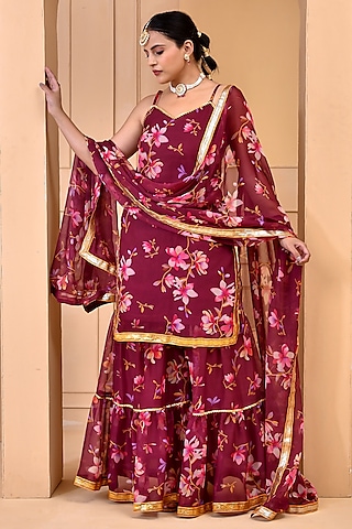 Mauve Chiffon Floral Printed Layered Sharara Set by Bannhi by Priyanka Rathore