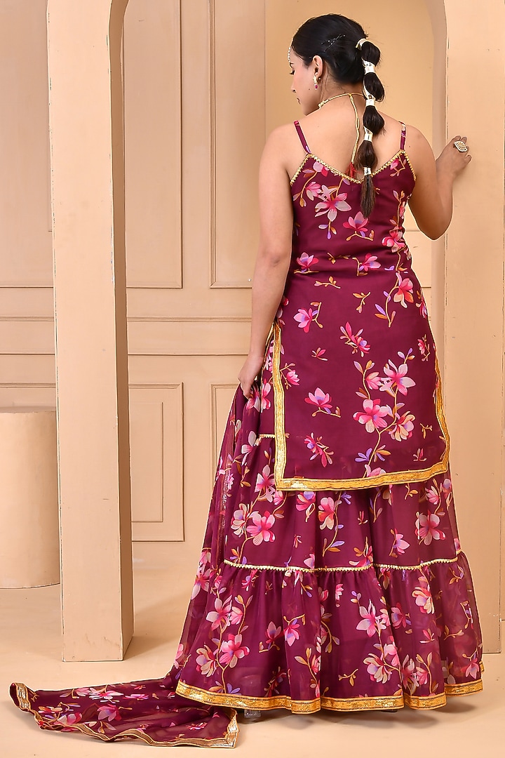 Mauve Chiffon Floral Printed Layered Sharara Set by Bannhi by Priyanka Rathore at Pernia's Pop Up Shop