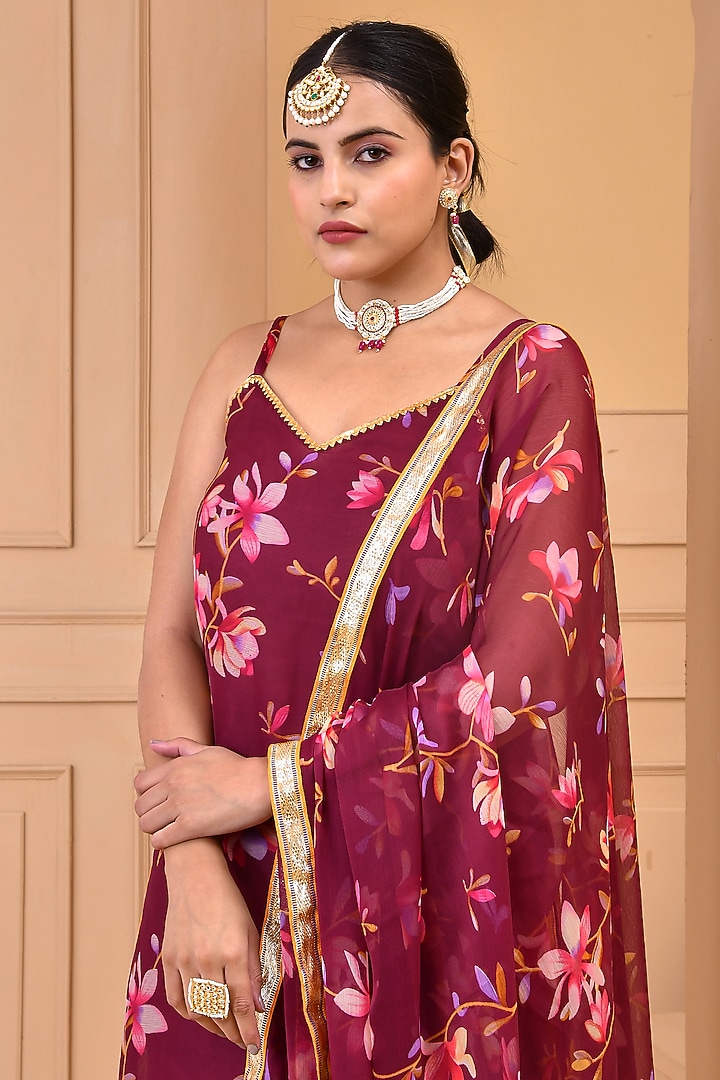 Mauve Chiffon Floral Printed Layered Sharara Set by Bannhi by Priyanka Rathore at Pernia's Pop Up Shop
