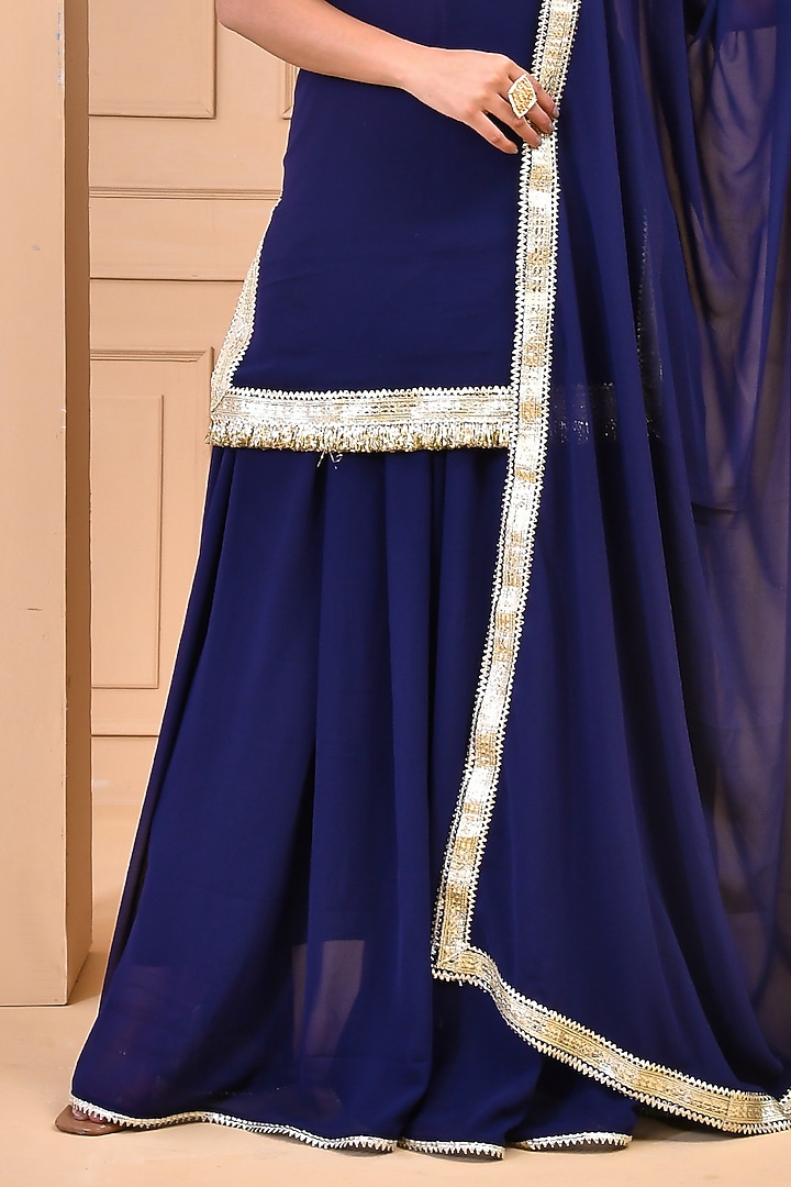 Navy Blue Georgette Flared Party Wear Sharara Set by Bannhi by Priyanka Rathore at Pernia's Pop Up Shop