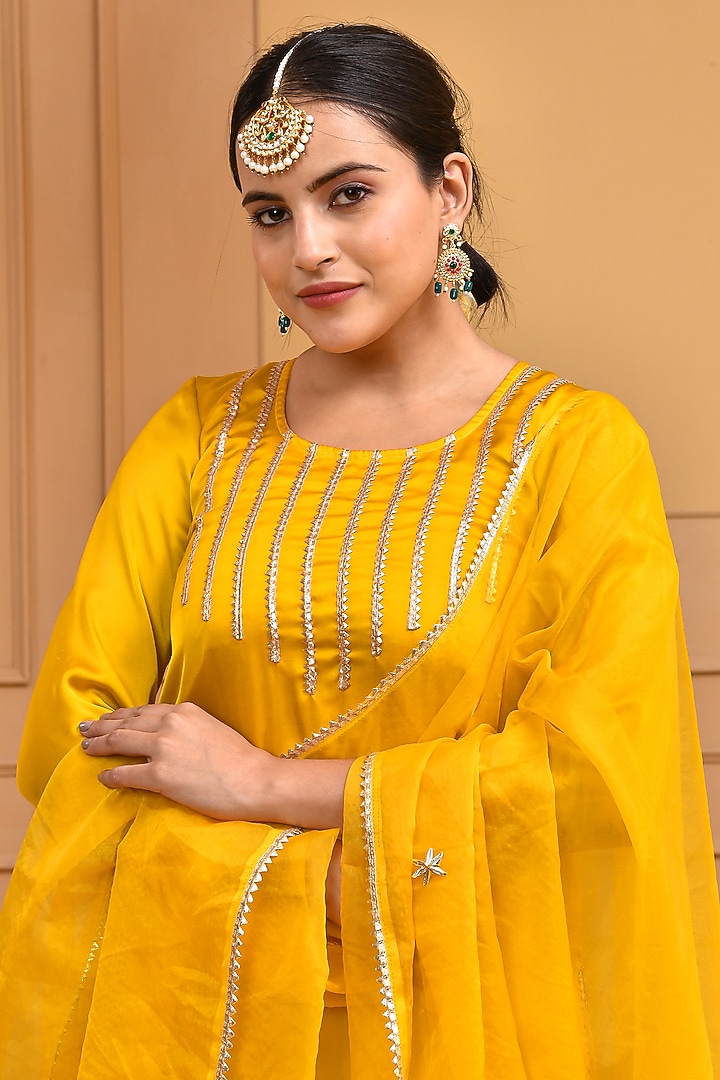 Yellow Satin Silk Flared Sharara Set by Bannhi by Priyanka Rathore at Pernia's Pop Up Shop