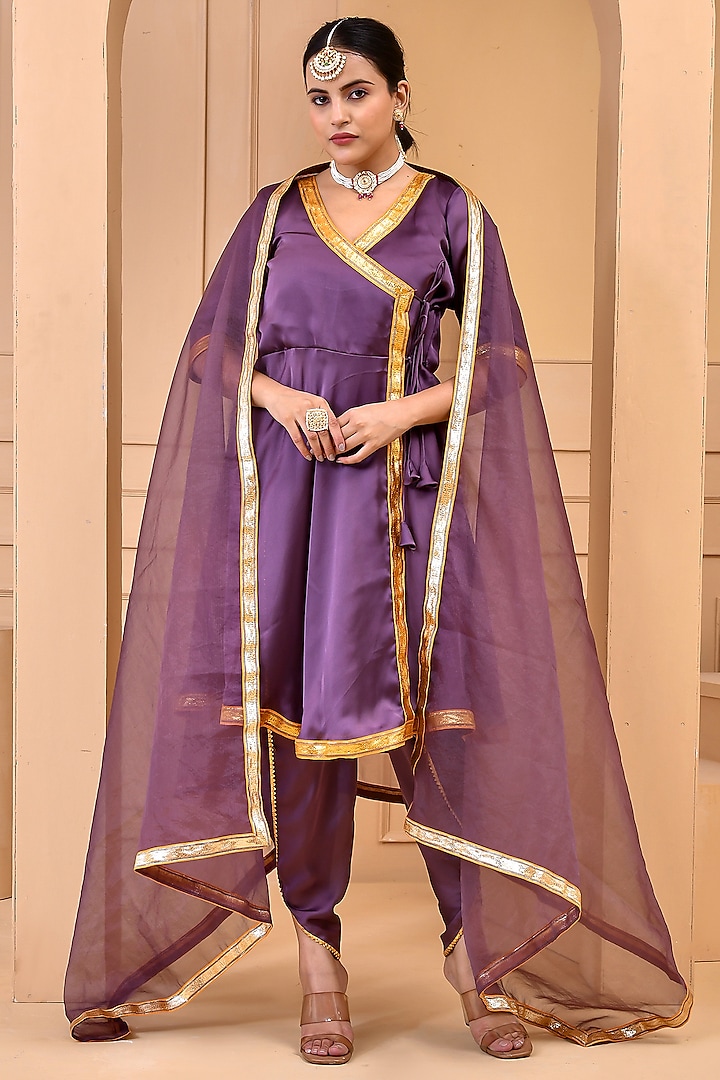 Purple Satin Silk Angrakha Kurta Set by Bannhi