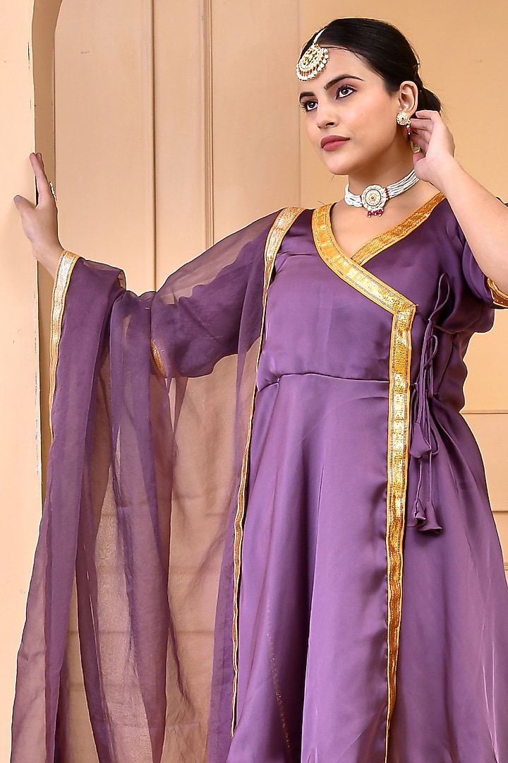 Purple Satin Silk Angrakha Kurta Set by Bannhi by Priyanka Rathore at Pernia's Pop Up Shop