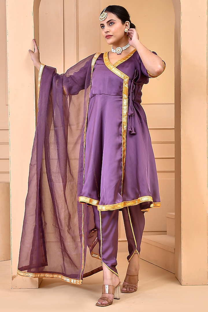 Purple Satin Silk Angrakha Kurta Set by Bannhi by Priyanka Rathore at Pernia's Pop Up Shop