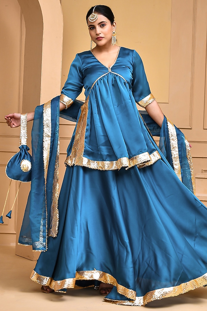 Teal Green Satin Silk Lehenga Set by Bannhi by Priyanka Rathore at Pernia's Pop Up Shop
