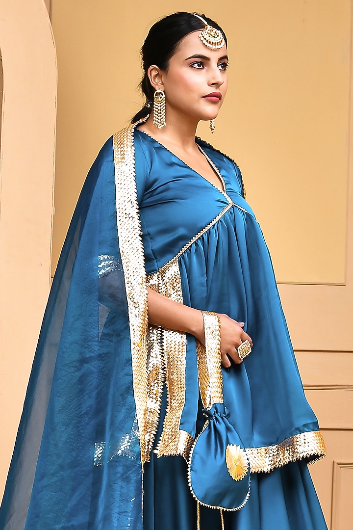 Teal Green Satin Silk Lehenga Set by Bannhi by Priyanka Rathore at Pernia's Pop Up Shop