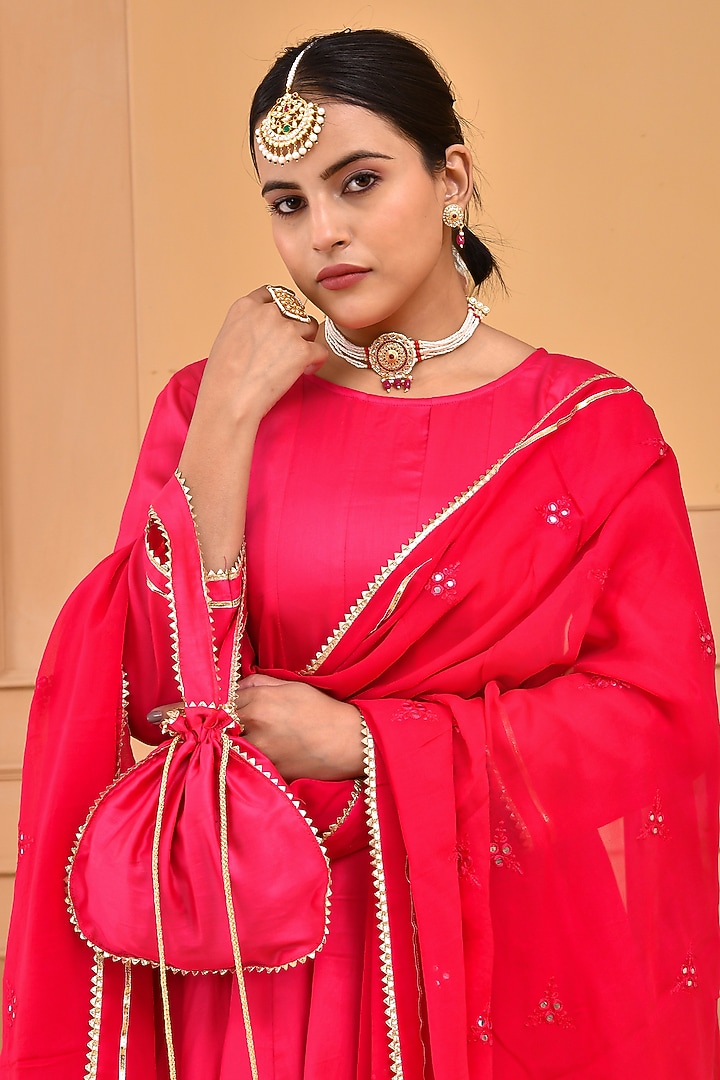 Ruby Pink Cotton Silk Mirror Work Party Wear Anarkali Set by Bannhi by Priyanka Rathore at Pernia's Pop Up Shop