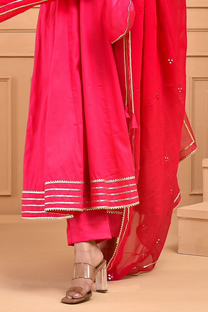 Ruby Pink Cotton Silk Mirror Work Party Wear Anarkali Set by Bannhi by Priyanka Rathore at Pernia's Pop Up Shop