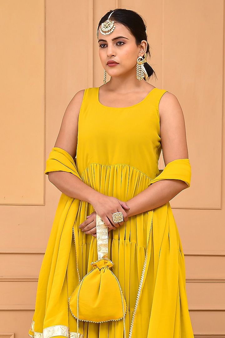 Mustard Georgette Layered Party Wear Anarkali Set by Bannhi by Priyanka Rathore at Pernia's Pop Up Shop
