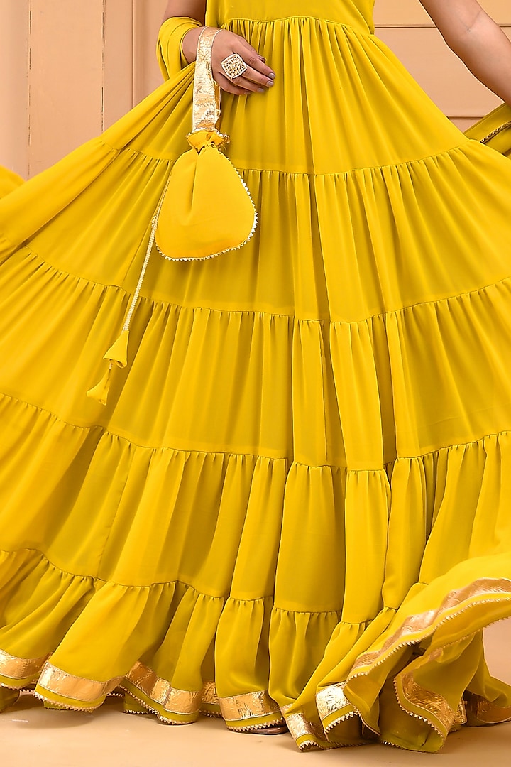 Mustard Georgette Layered Party Wear Anarkali Set by Bannhi by Priyanka Rathore at Pernia's Pop Up Shop