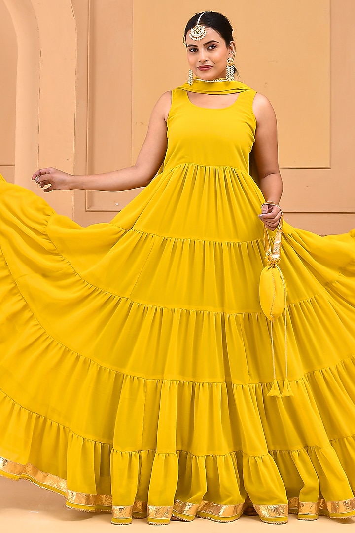Mustard Georgette Layered Party Wear Anarkali Set by Bannhi by Priyanka Rathore at Pernia's Pop Up Shop