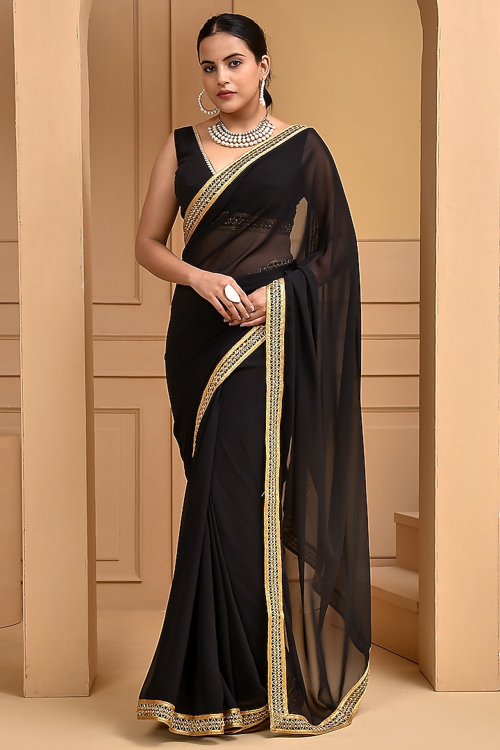Black Georgette Embellished Saree Set by Bannhi