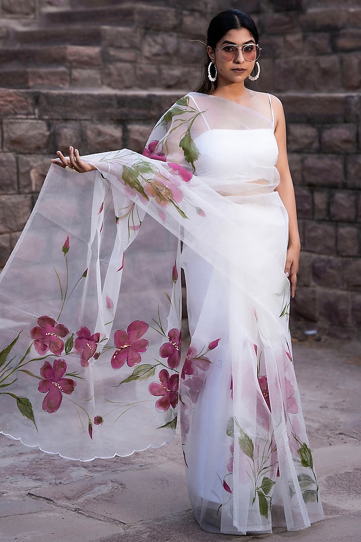 Snowy White Pure Organza Handpainted Saree by Bannhi