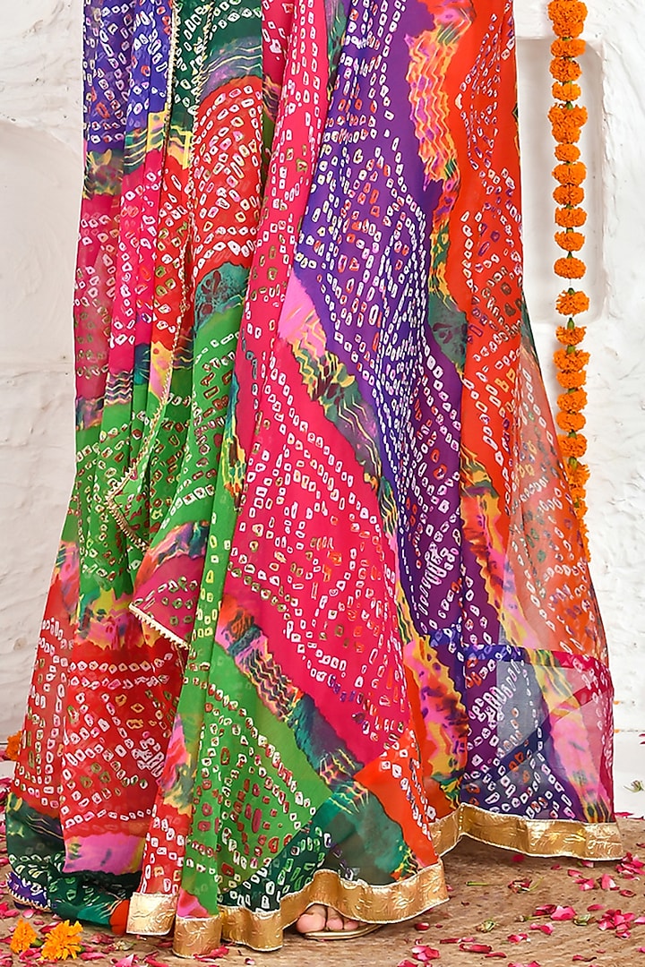 Multi-Colored Chiffon Bandhani Printed Flared Anarkali Set by Bannhi by Priyanka Rathore at Pernia's Pop Up Shop