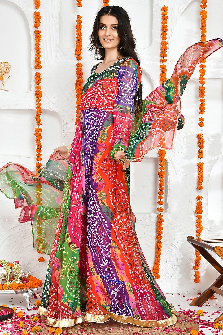 Multi-Colored Chiffon Bandhani Printed Flared Anarkali Set by Bannhi by Priyanka Rathore at Pernia's Pop Up Shop