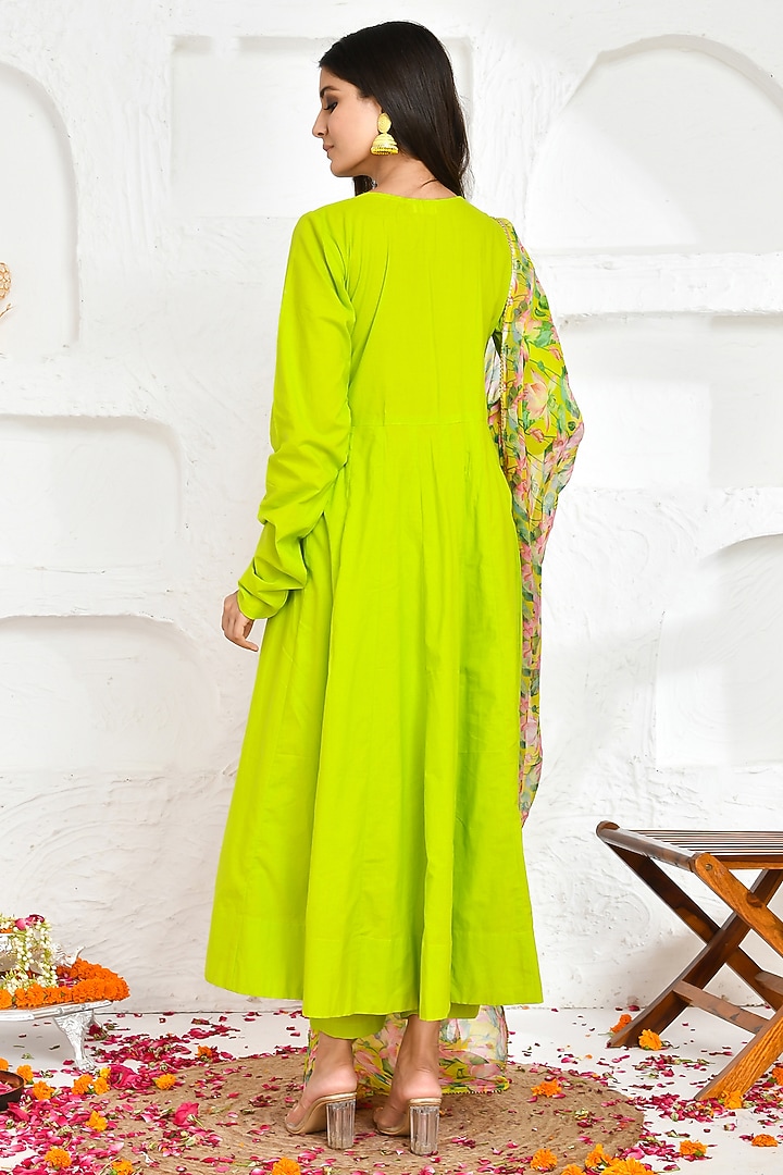 Lime Cotton Anarkali Set by Bannhi by Priyanka Rathore at Pernia's Pop Up Shop
