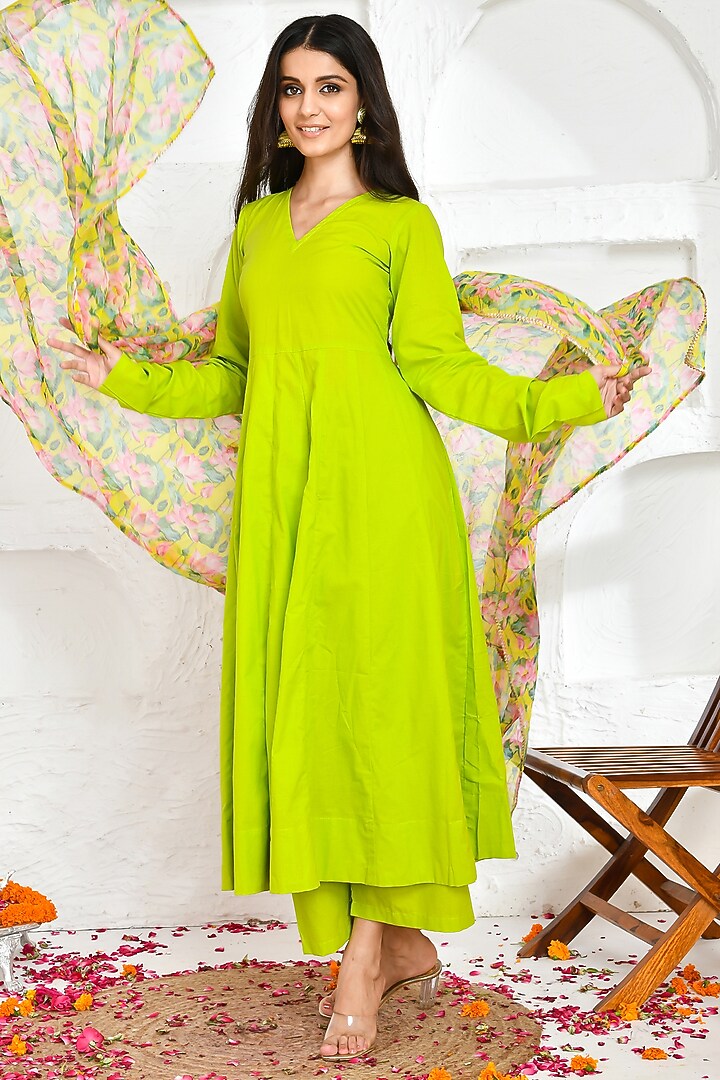 Lime Cotton Anarkali Set by Bannhi by Priyanka Rathore at Pernia's Pop Up Shop
