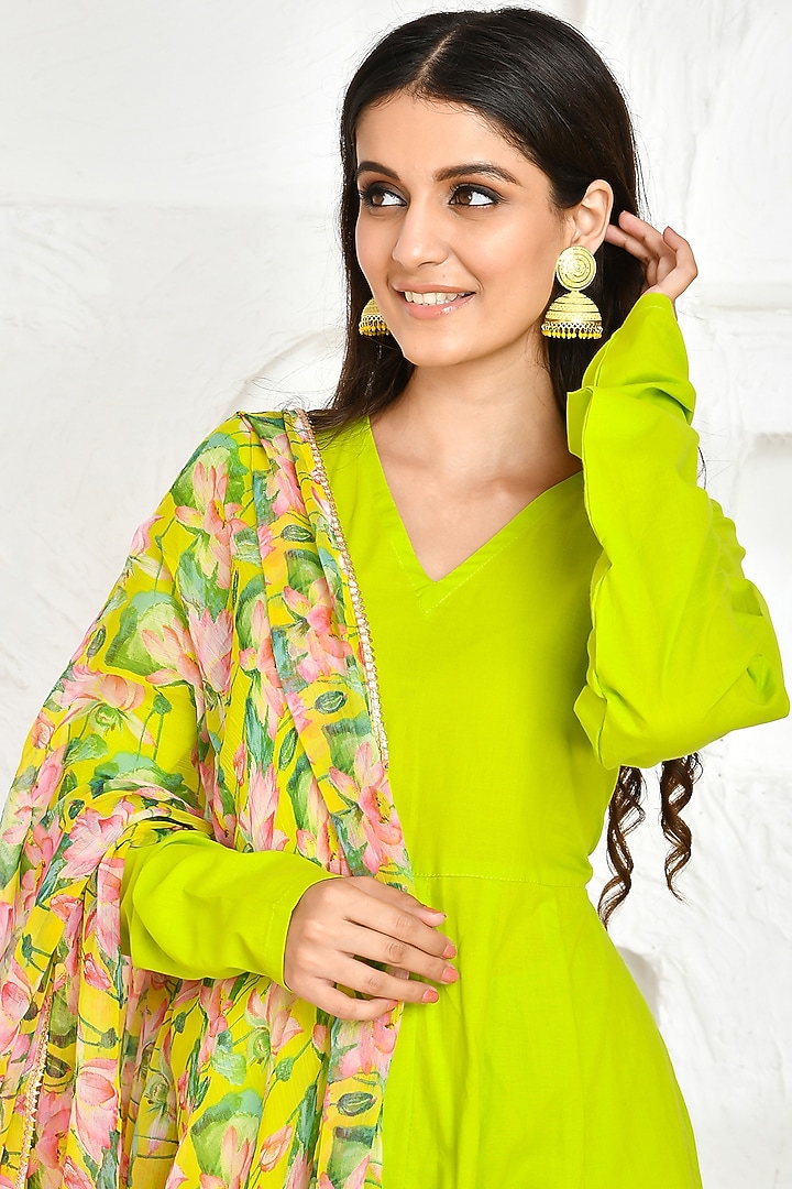 Lime Cotton Anarkali Set by Bannhi by Priyanka Rathore at Pernia's Pop Up Shop