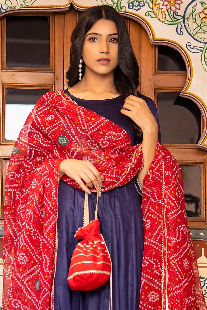 Blue Cotton Silk & Mulmul Flared Anarkali Set by Bannhi by Priyanka Rathore at Pernia's Pop Up Shop