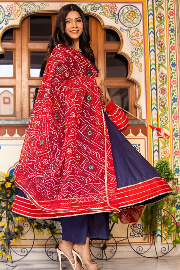 Blue Cotton Silk & Mulmul Flared Anarkali Set by Bannhi by Priyanka Rathore at Pernia's Pop Up Shop