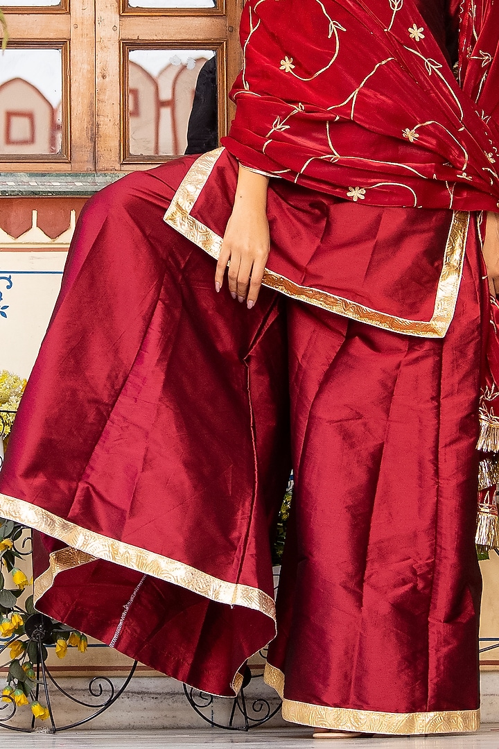 Maroon Taffeta Silk & Satin Organza Sharara Set by Bannhi by Priyanka Rathore at Pernia's Pop Up Shop