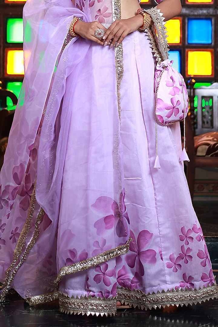 Lavender Chanderi Floral Printed Lehenga Set by Bannhi by Priyanka Rathore at Pernia's Pop Up Shop