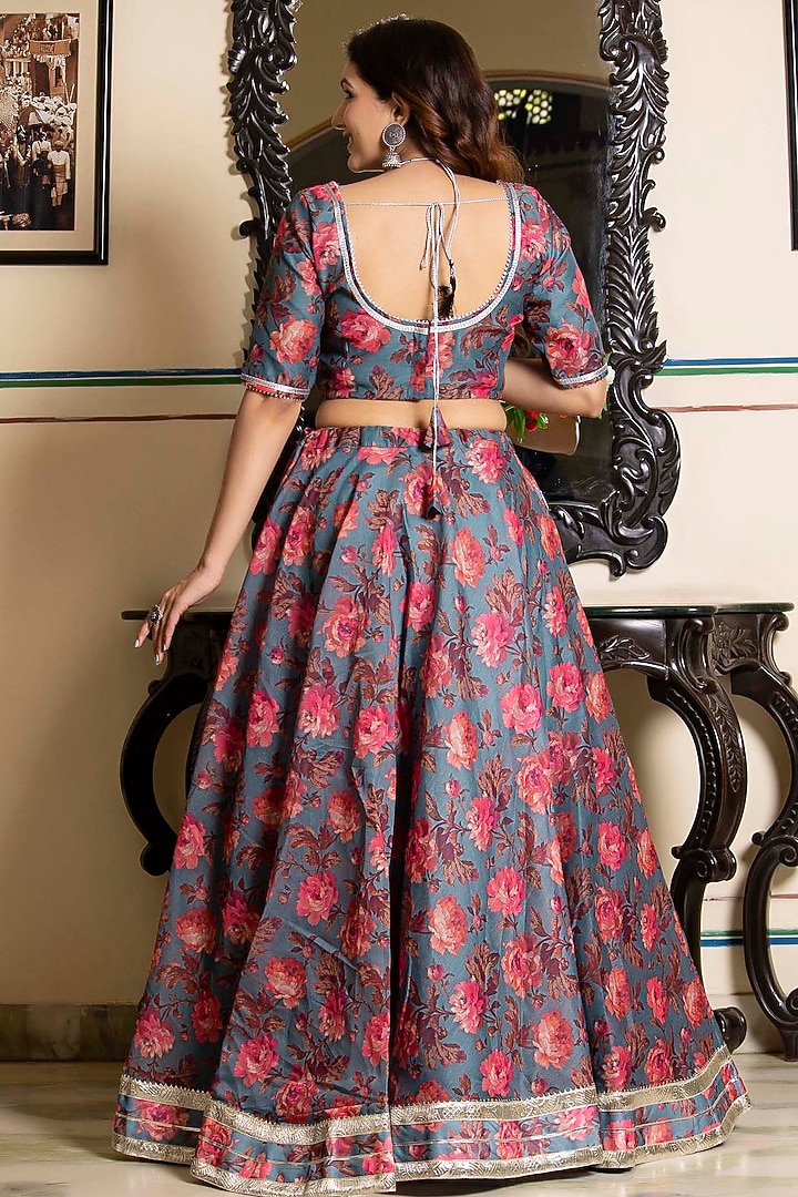 Grey Chanderi Floral Printed Flared Lehenga Set by Bannhi by Priyanka Rathore at Pernia's Pop Up Shop