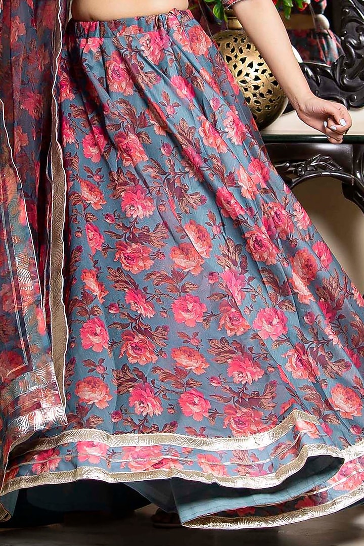 Grey Chanderi Floral Printed Flared Lehenga Set by Bannhi by Priyanka Rathore at Pernia's Pop Up Shop