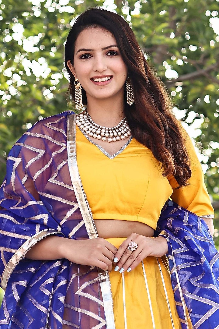 Yellow Cotton Silk Gota Work Kalidar Flared Lehenga Set by Bannhi by Priyanka Rathore at Pernia's Pop Up Shop