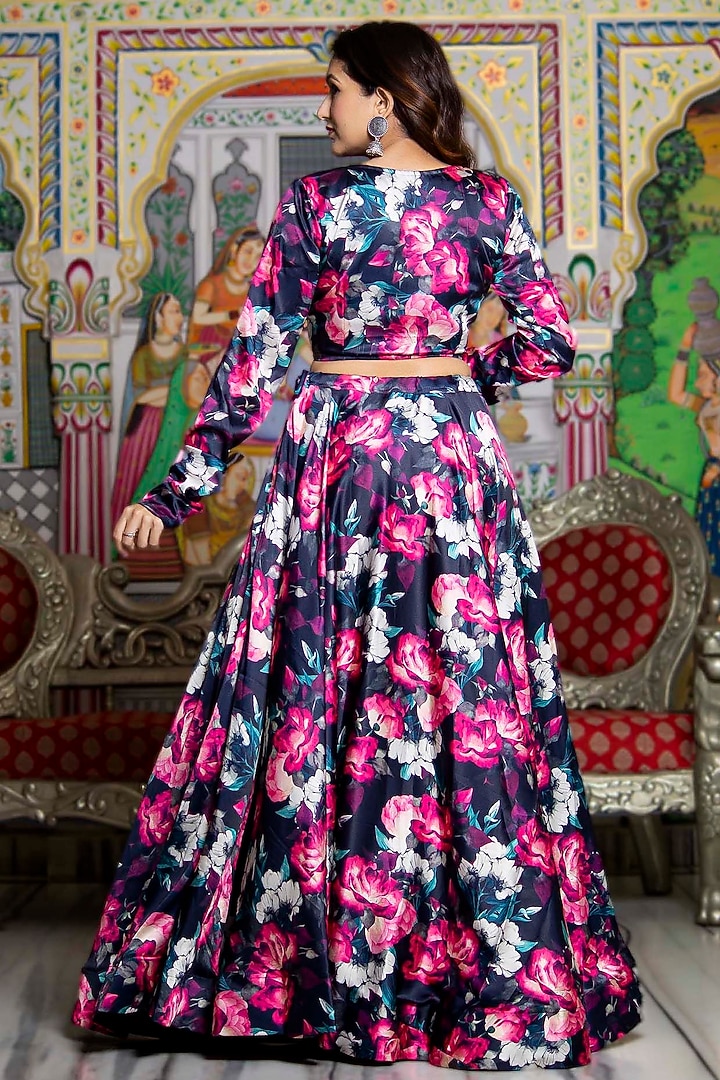 Black Satin Floral Printed Flared Lehenga Set by Bannhi by Priyanka Rathore at Pernia's Pop Up Shop