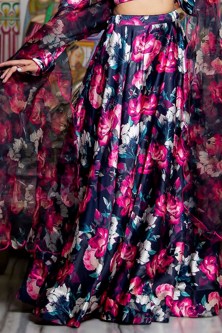 Black Satin Floral Printed Flared Lehenga Set by Bannhi by Priyanka Rathore at Pernia's Pop Up Shop